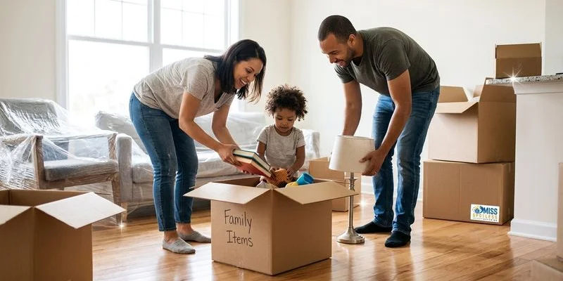 Happy family unpacking in their professionally cleaned new Salisbury home