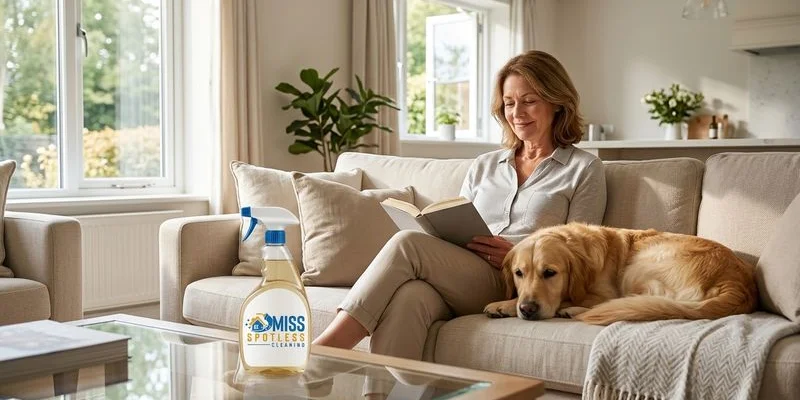 Happy pet owner with dog in a fresh clean living room using eco-friendly products