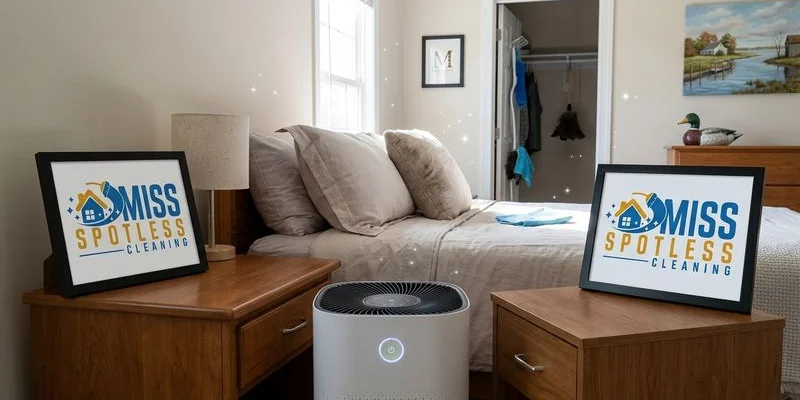 HEPA air purifier and clean surfaces reducing allergens in an Eastern Shore bedroom