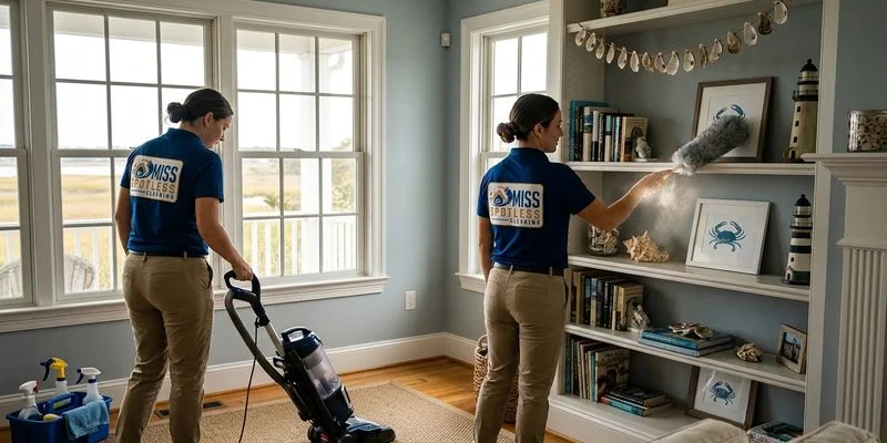 Professional cleaning team efficiently cleaning a bright Eastern Shore living space