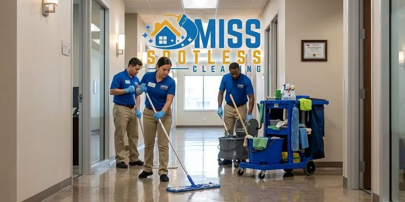 Professional cleaning team servicing a Salisbury Maryland commercial office building