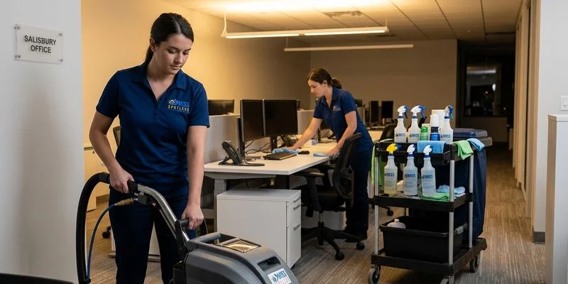 Professional commercial cleaning team working efficiently in a Salisbury Maryland office building
