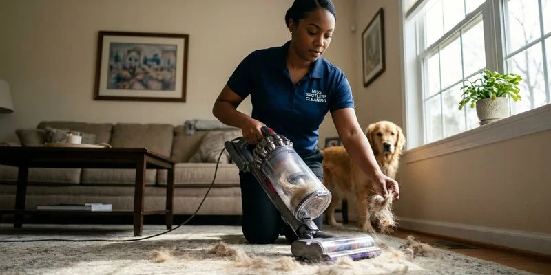 Professional vacuum removing pet hair from carpet in a Salisbury Maryland home