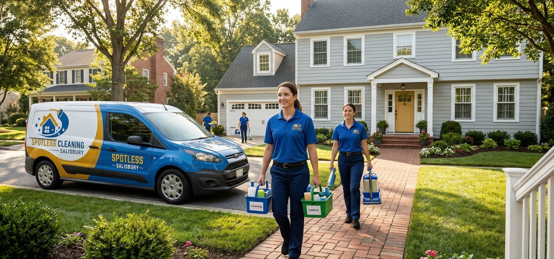 Professional cleaning team arriving at a Salisbury home